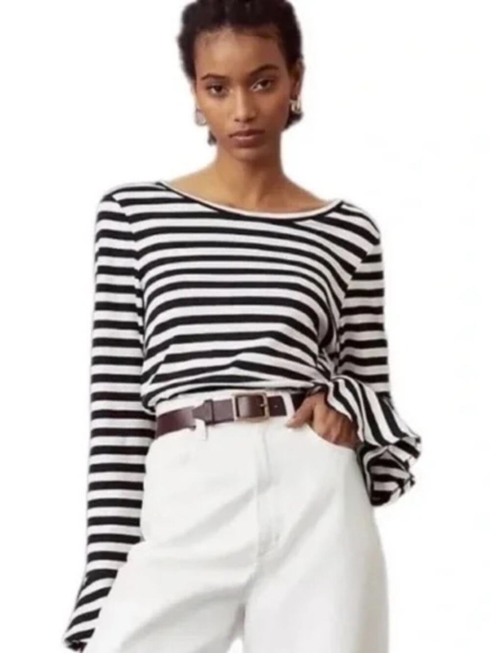 Anthropologie Maeve Flouncy Striped Top Bell Sleeves Scoop Neck Black White L